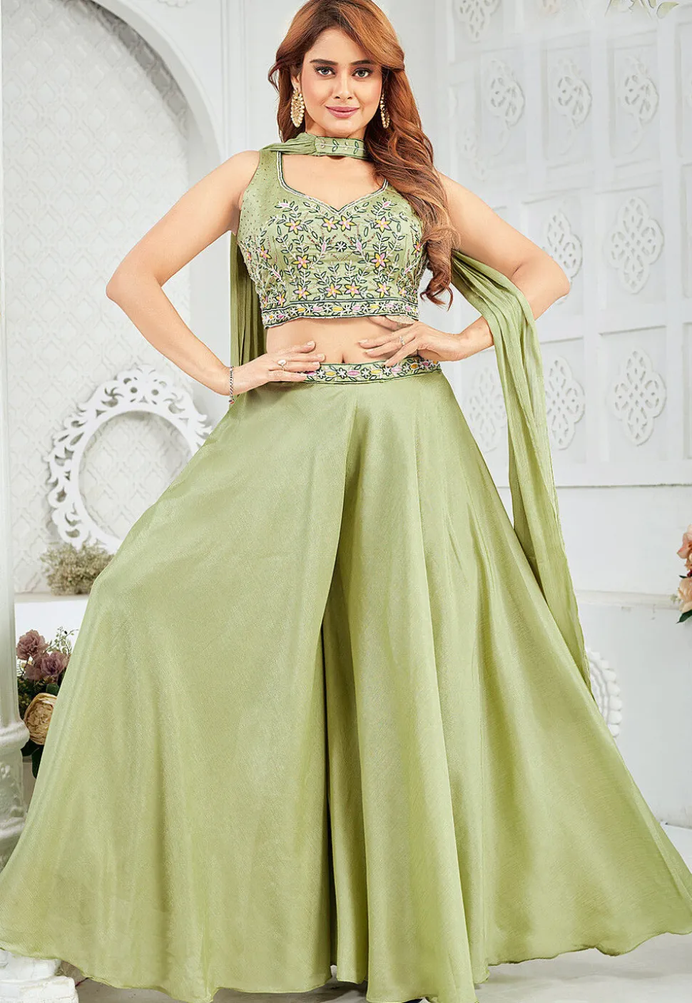 Embroidered Art Silk Crop Top Set in Light Green
