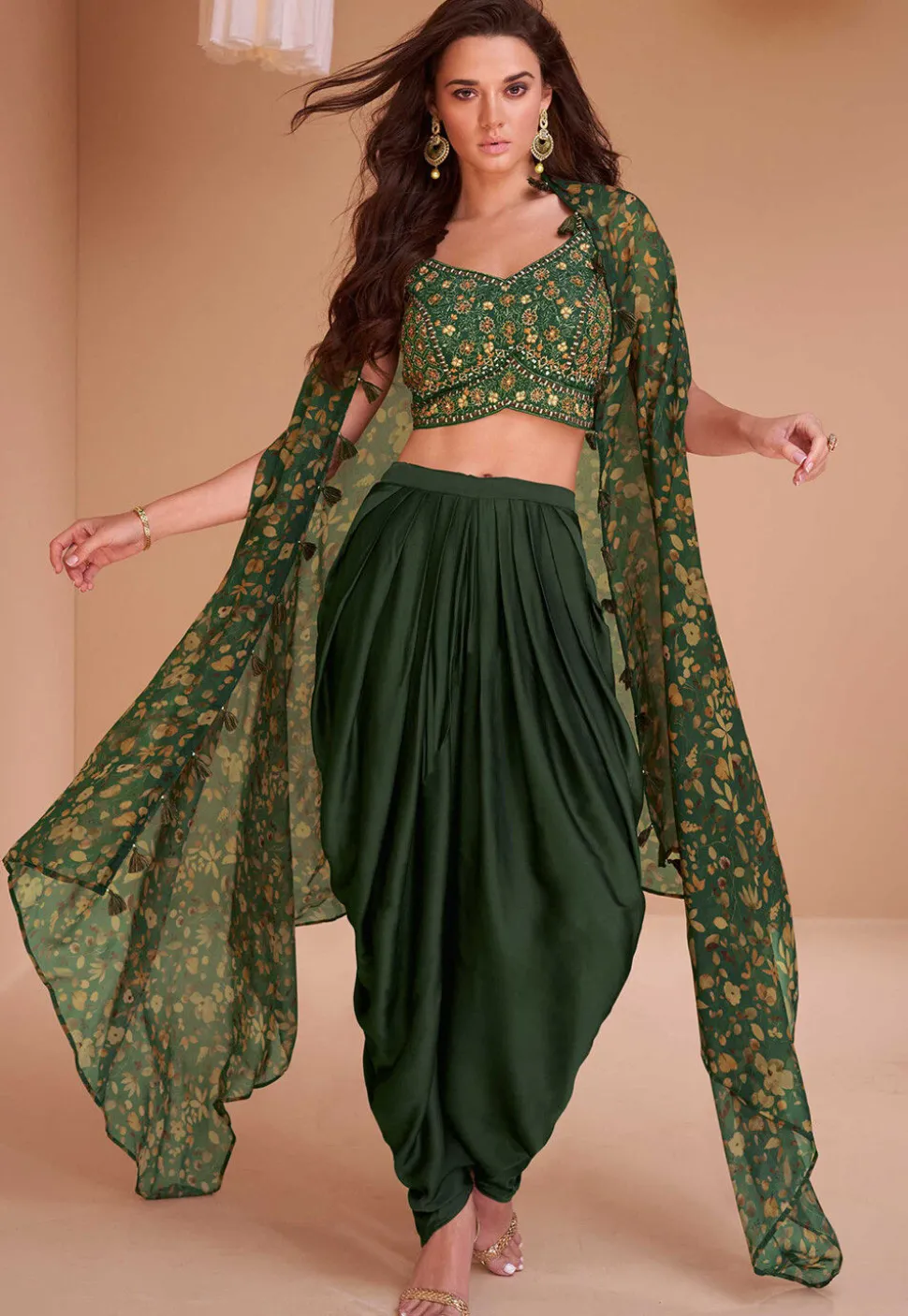 Embroidered Art Silk Crop Top Set with Jacket in Dark Green