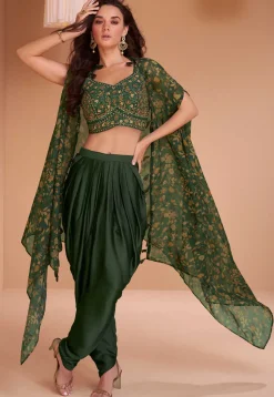 Embroidered Art Silk Crop Top Set with Jacket in Dark Green