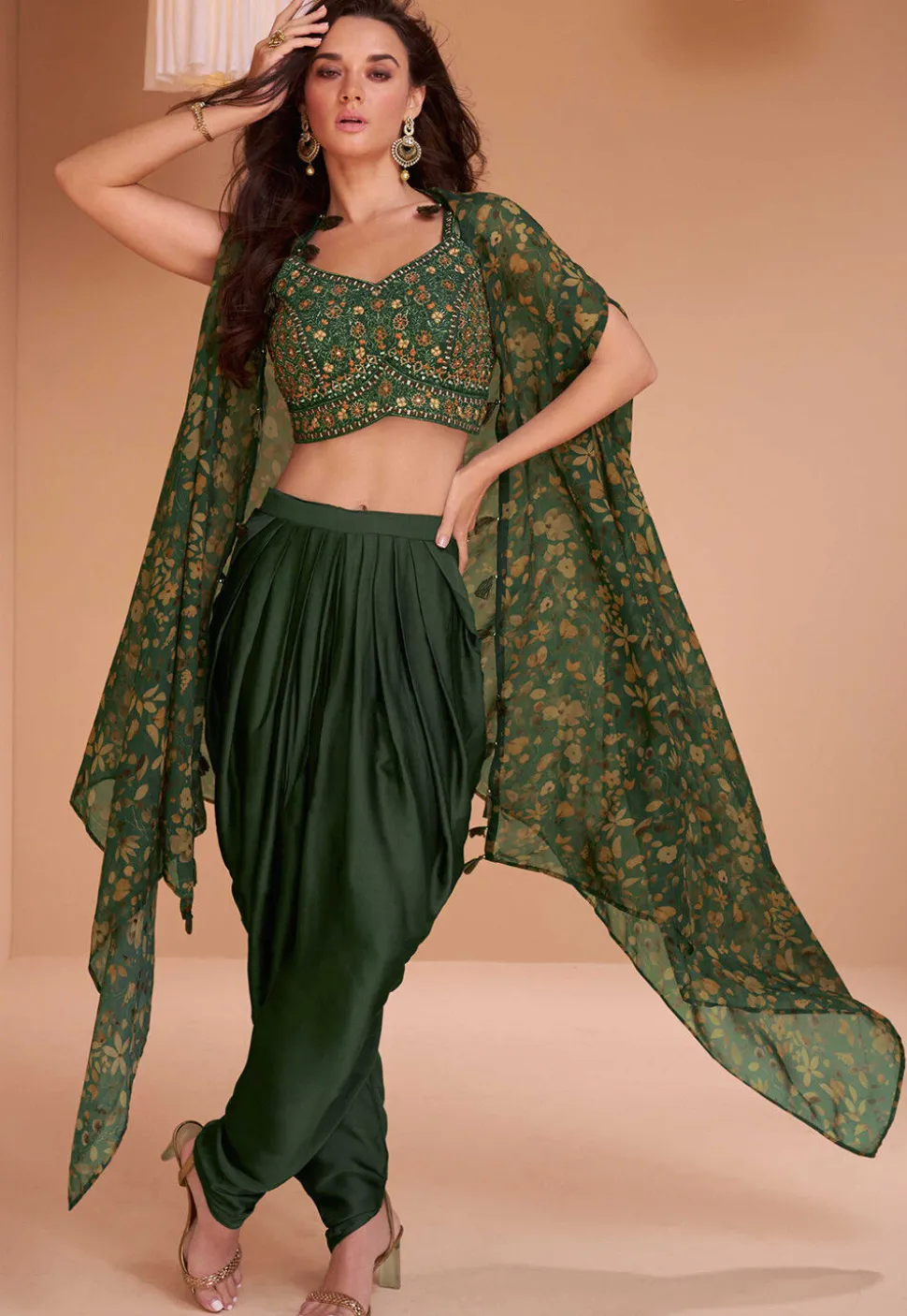 Embroidered Art Silk Crop Top Set with Jacket in Dark Green