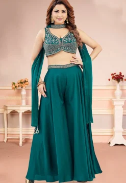 Embroidered Art Silk Crop Top Set in Teal Green
