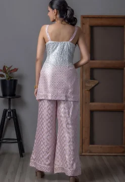 Embroidered Art Silk Crop Top Set in Light Purple