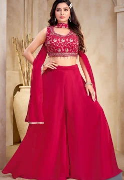 Embroidered Art Silk Crop Top Set in Fuchsia