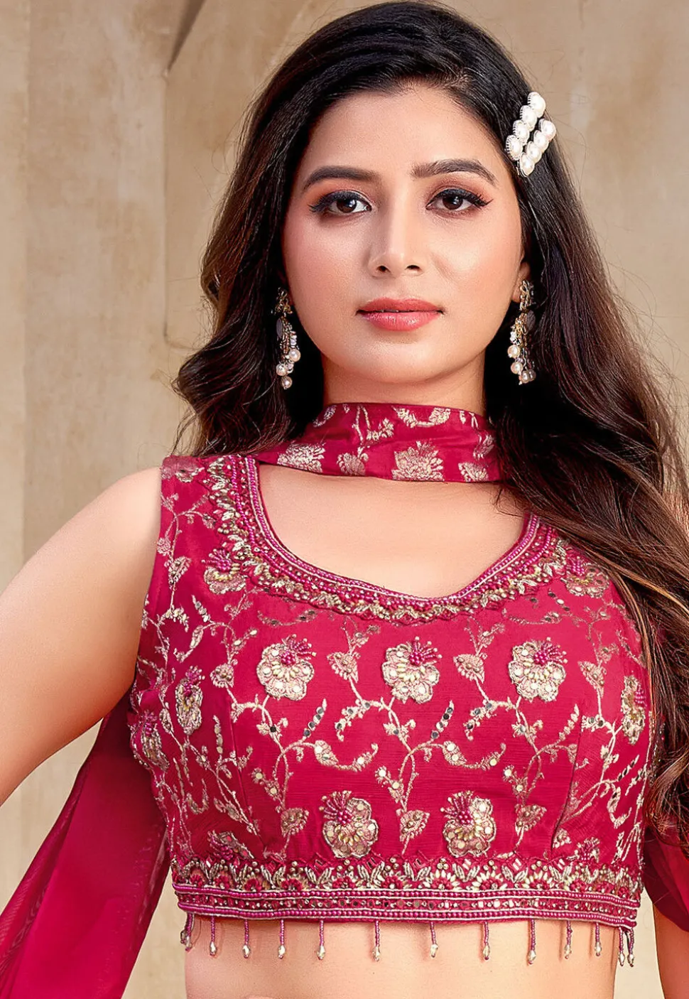 Embroidered Art Silk Crop Top Set in Fuchsia