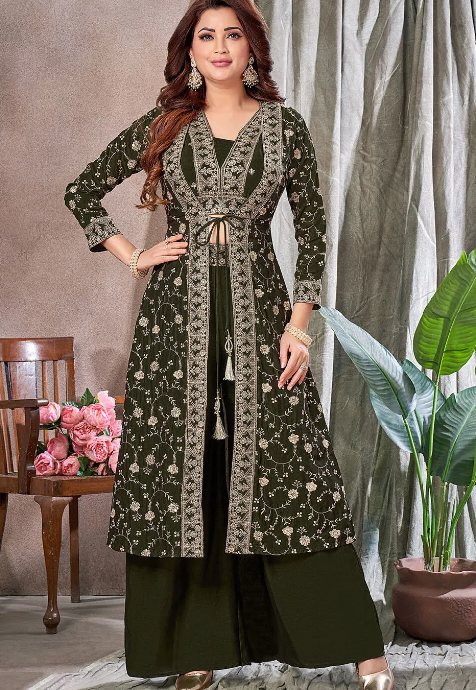 Embroidered Art Silk Crop Top Set in Dark Olive Green