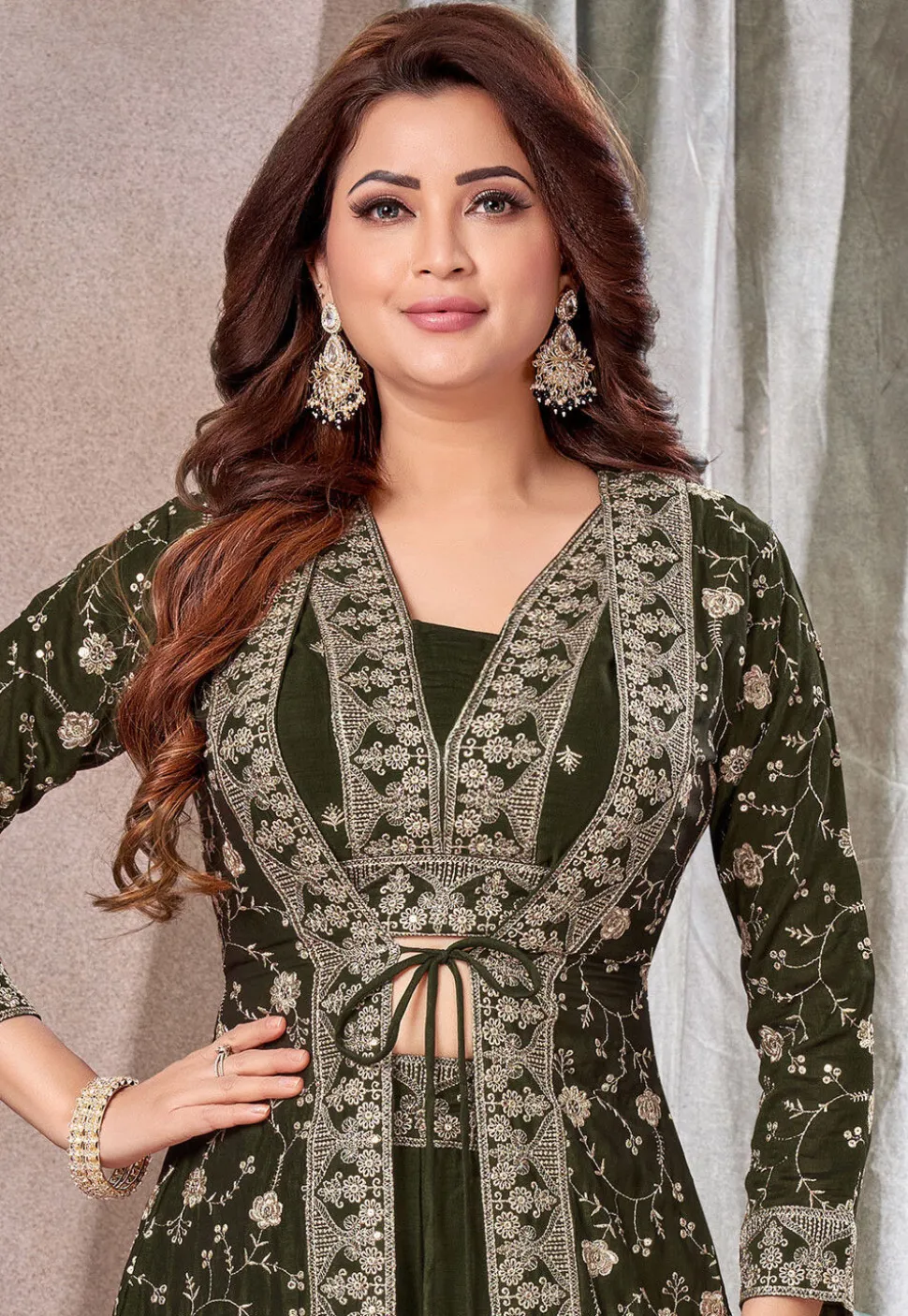 Embroidered Art Silk Crop Top Set in Dark Olive Green