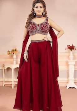 Embroidered Art Silk Crop Top Set in Maroon