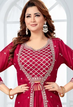 Embroidered Art Silk Crop Top Set in Maroon