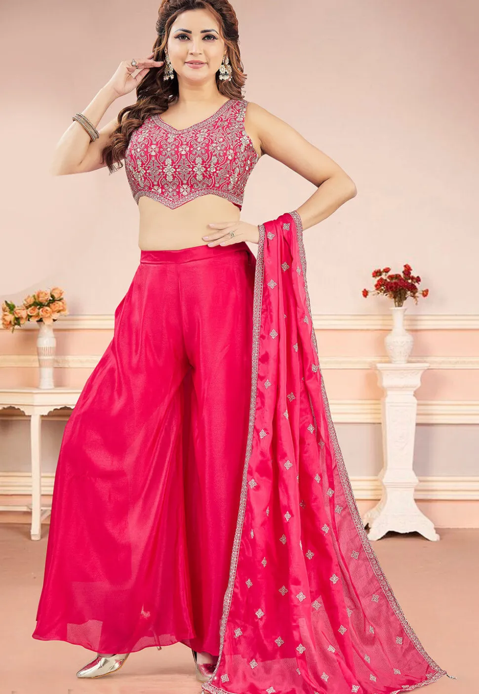 Embroidered Art Silk Crop Top Set in Fuchsia