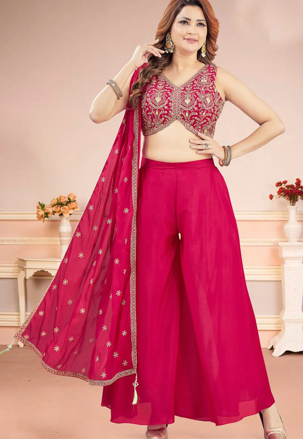 Embroidered Art Silk Crop Top Set in Fuchsia