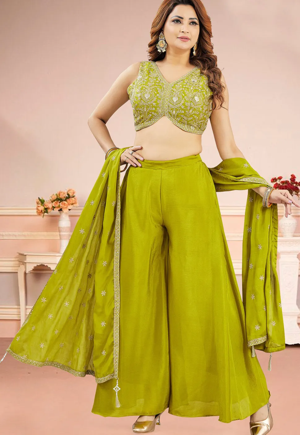 Embroidered Art Silk Crop Top Set in Olive Green