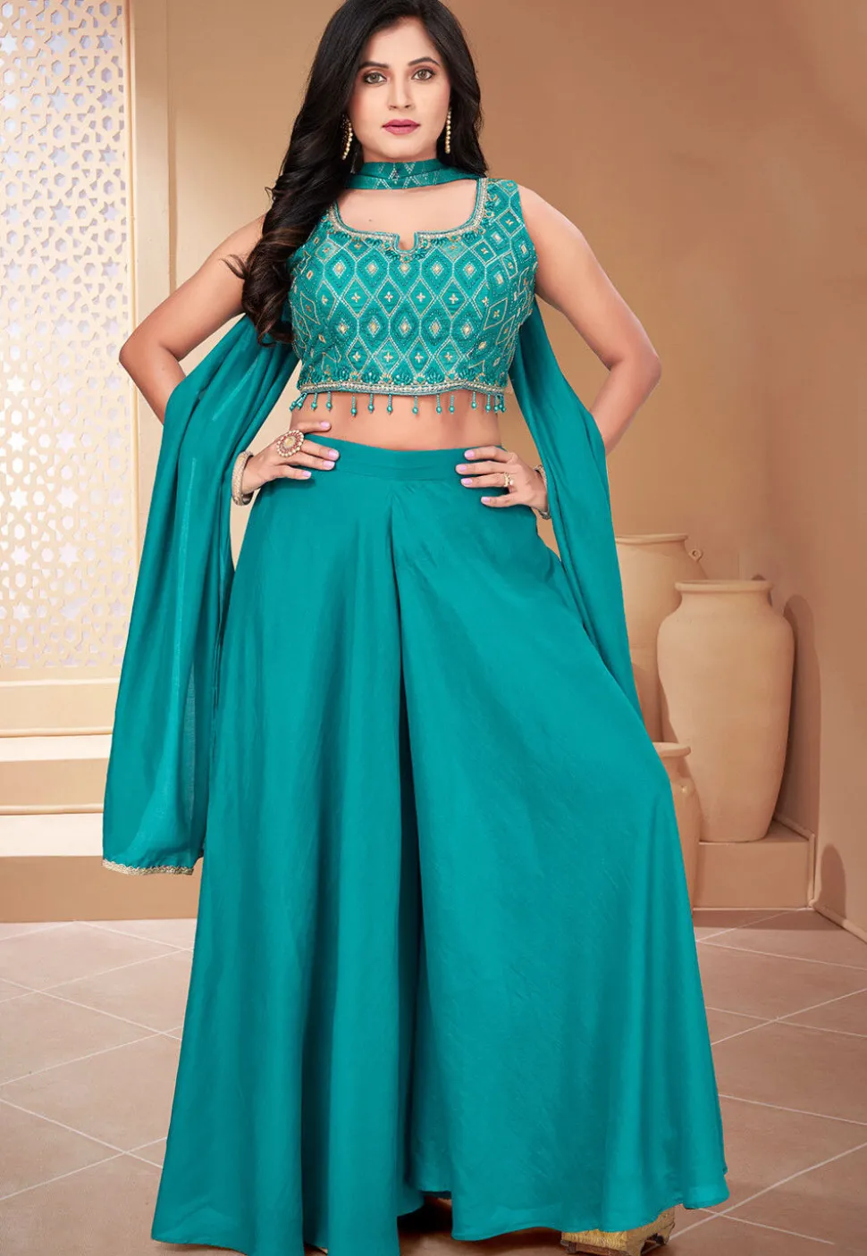 Embroidered Art Silk Crop Top Set in Turquoise