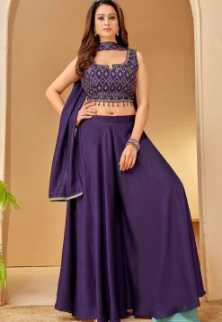 Embroidered Art Silk Crop Top Set in Purple