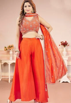 Embroidered Art Silk Crop Top Set in Orange