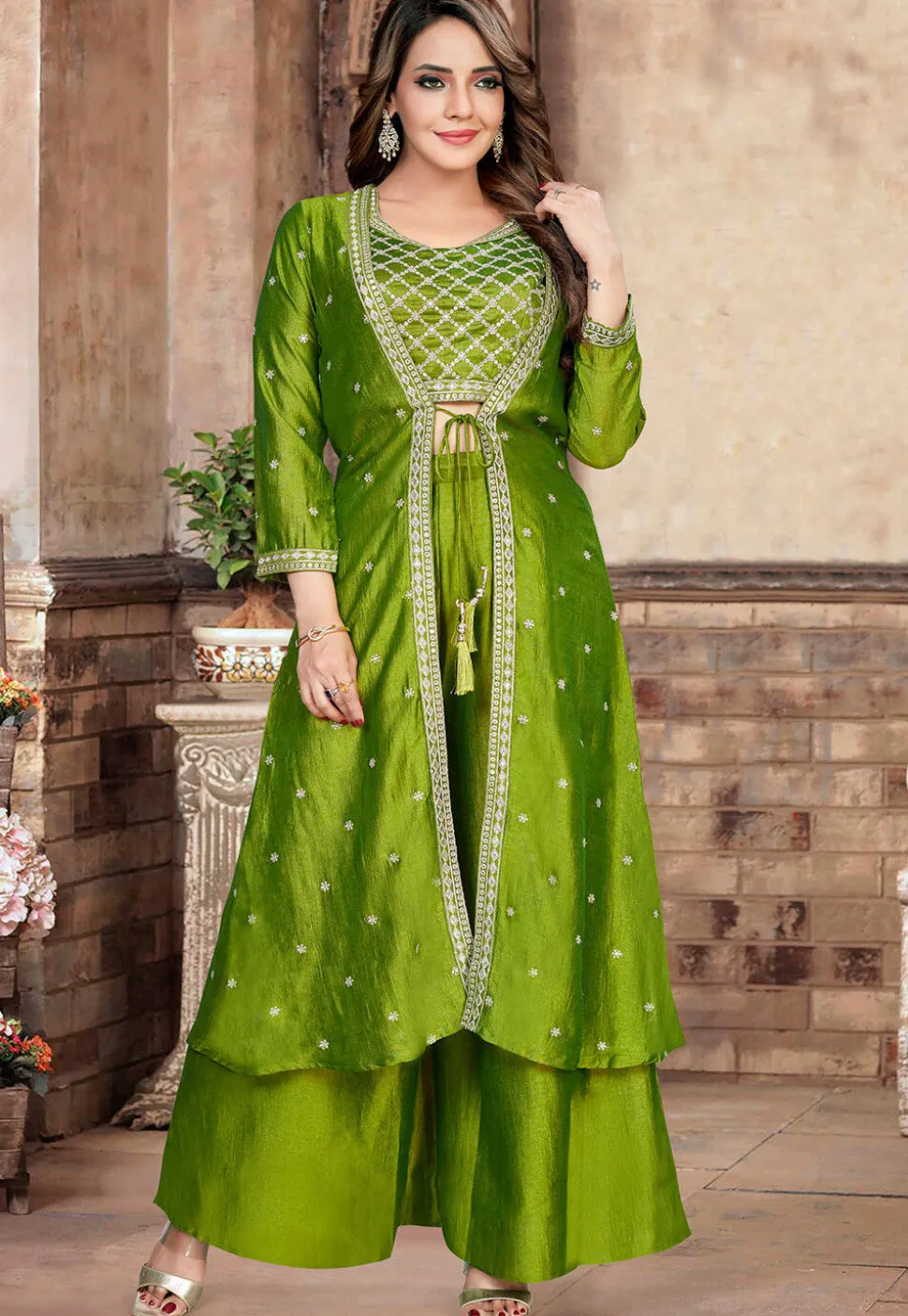 Embroidered Art Silk Crop Top Set in Light Green