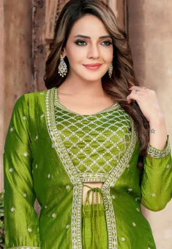 Embroidered Art Silk Crop Top Set in Light Green