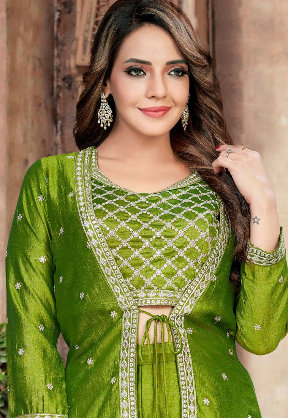 Embroidered Art Silk Crop Top Set in Light Green