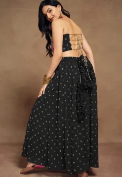 Embroidered Art Silk Crop Top Set in Black