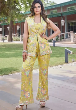Embroidered Art Silk Crop Top Set in Yellow
