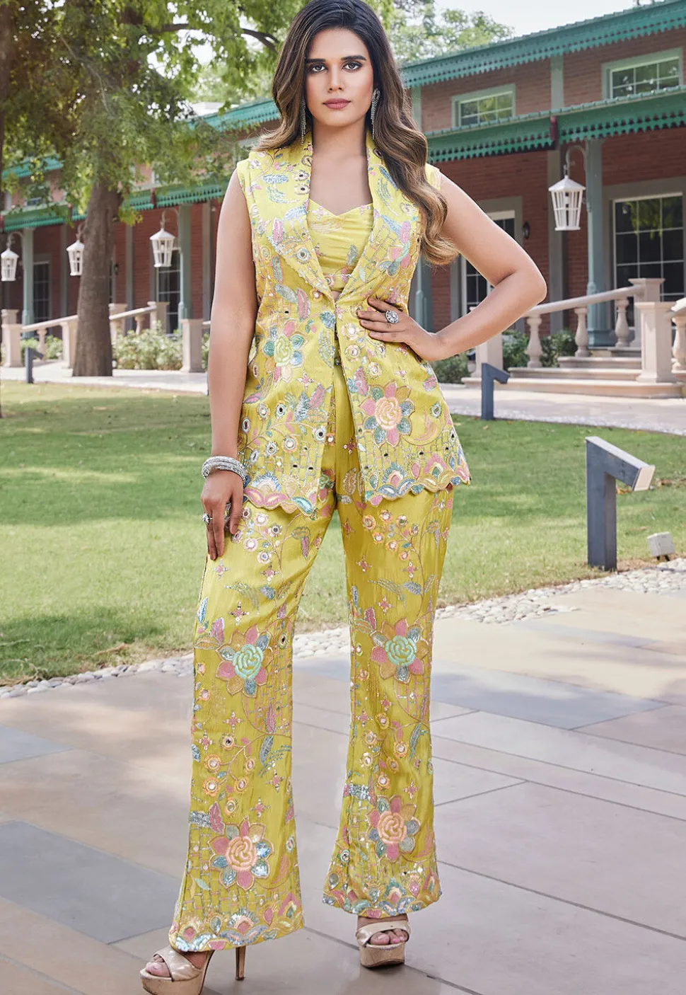 Embroidered Art Silk Crop Top Set in Yellow