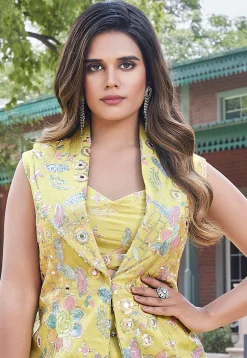 Embroidered Art Silk Crop Top Set in Yellow