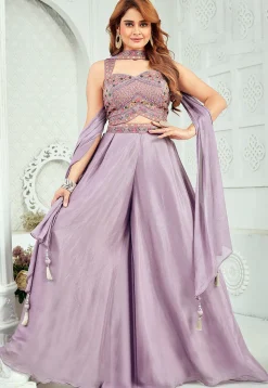 Embroidered Art Silk Crop Top Set in Purple