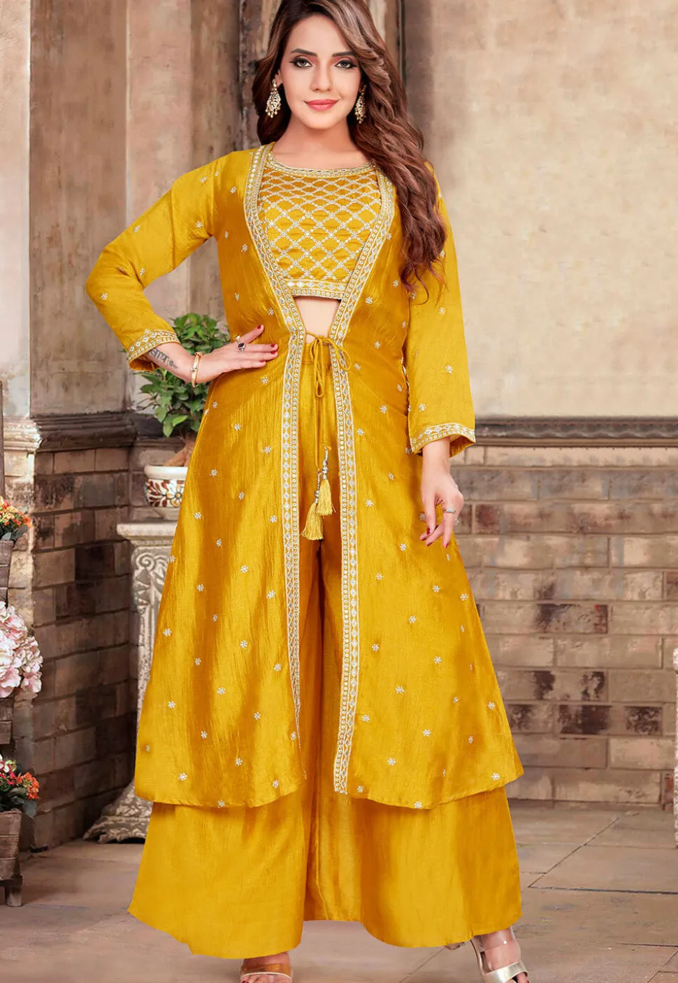 Embroidered Art Silk Crop Top Set in Mustard