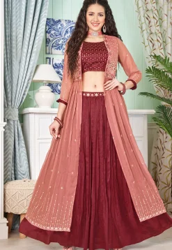 Embroidered Art Silk Crop Top Set in Maroon