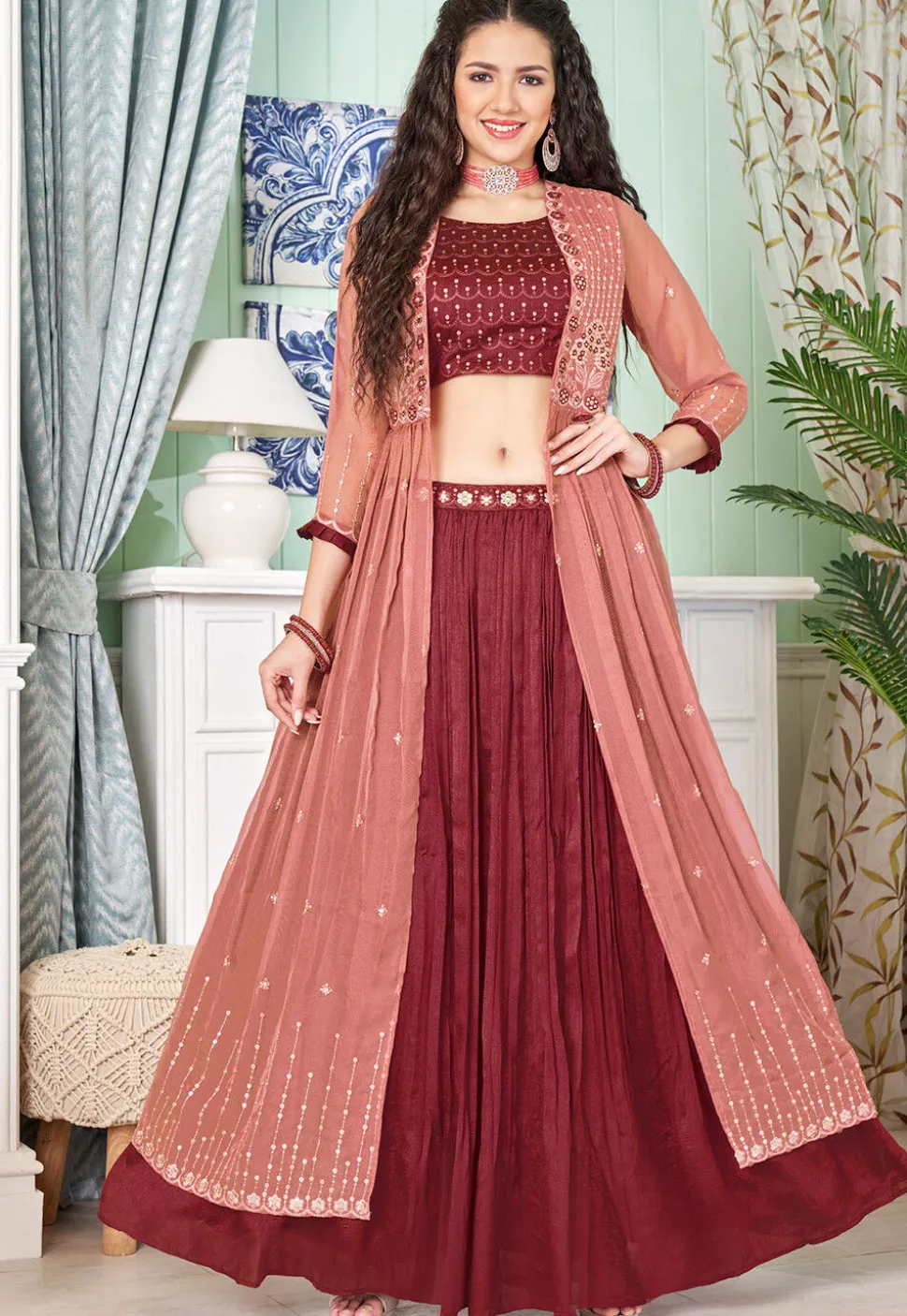 Embroidered Art Silk Crop Top Set in Maroon