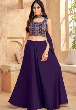 Embroidered Art Silk Crop Top Set in Purple