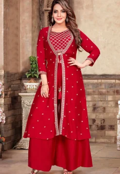 Embroidered Art Silk Crop Top Set in Red