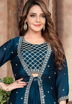 Embroidered Art Silk Crop Top Set in Teal Blue