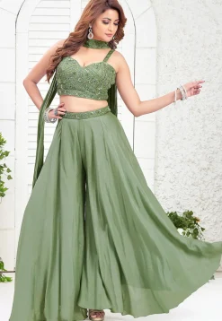 Embroidered Art Silk Crop Top Set in Green