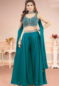 Embroidered Art Silk Crop Top Set in Teal Blue