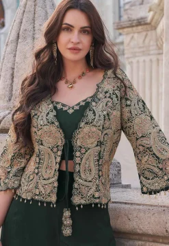 Embroidered Art Silk Crop Top Set in Dark Green