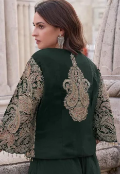Embroidered Art Silk Crop Top Set in Dark Green
