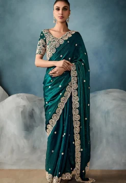 Embroidered Art Silk Crushed Scalloped Saree in Teal Green