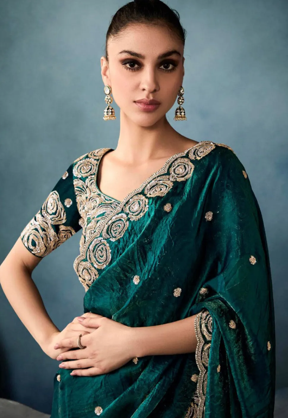 Embroidered Art Silk Crushed Scalloped Saree in Teal Green