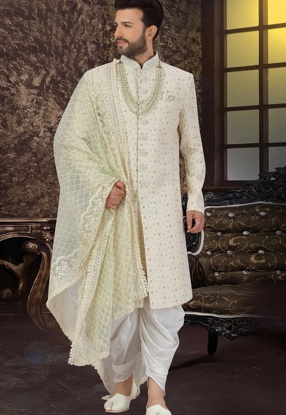 Embroidered Art Silk Dhoti Sherwani in Cream