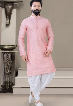 Embroidered Art Silk Dhoti Kurta in Pink