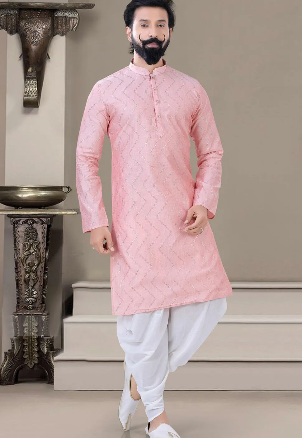 Embroidered Art Silk Dhoti Kurta in Pink