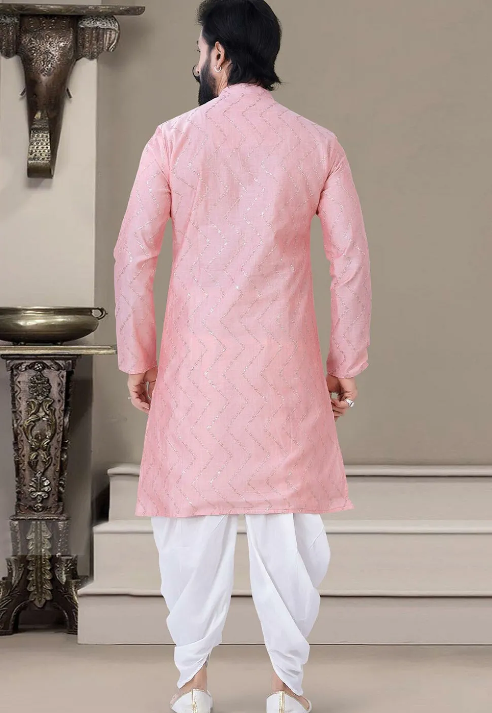 Embroidered Art Silk Dhoti Kurta in Pink