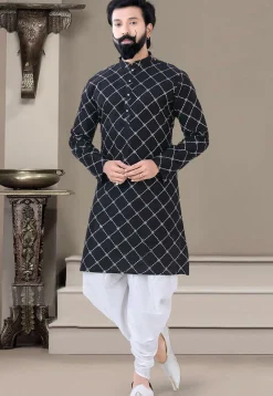 Embroidered Art Silk Dhoti Kurta in Black