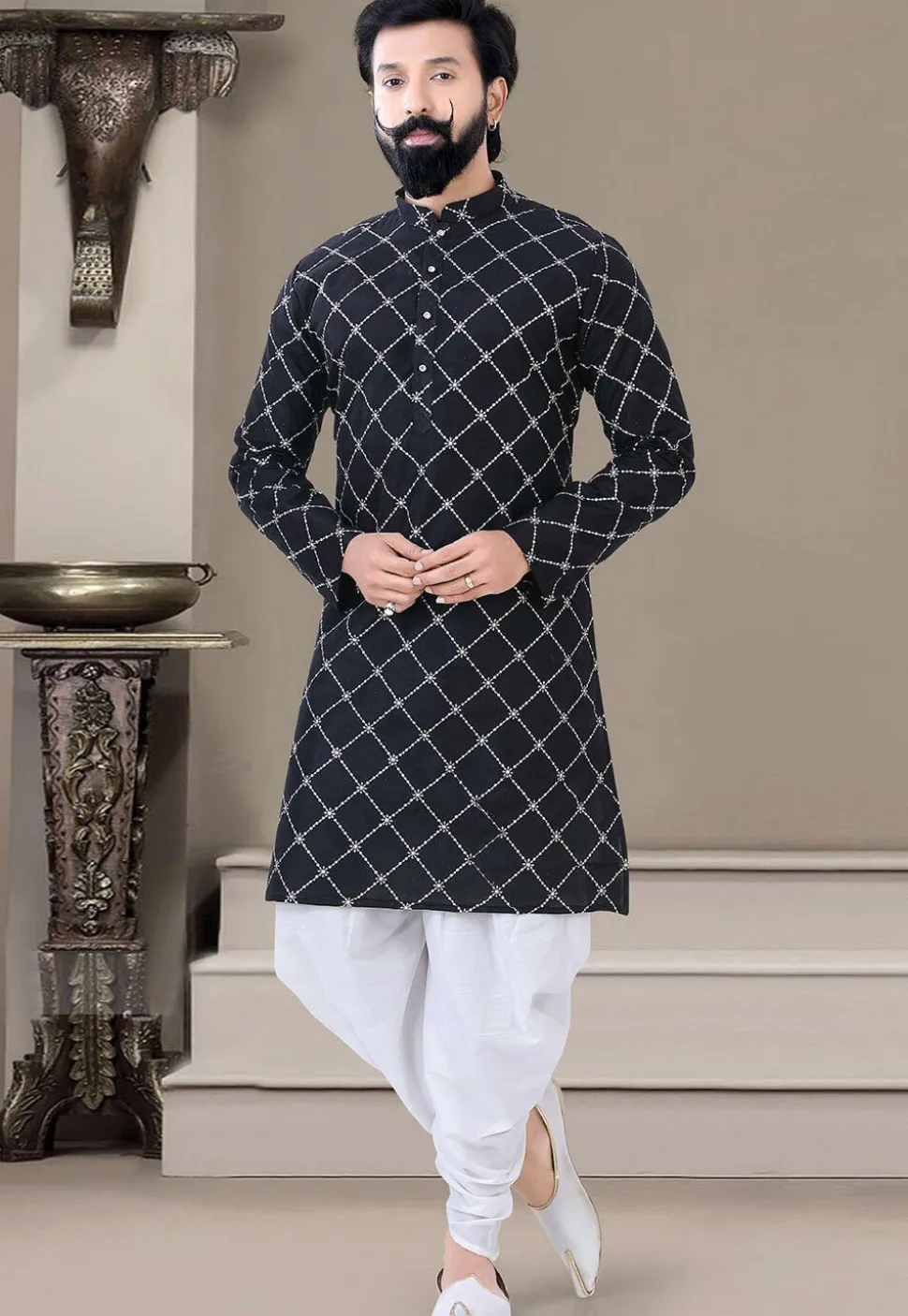 Embroidered Art Silk Dhoti Kurta in Black