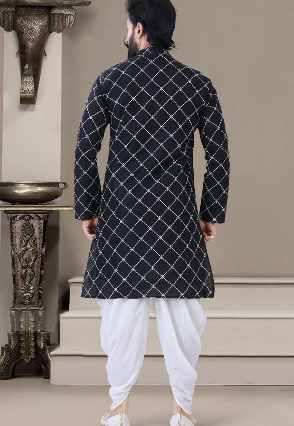 Embroidered Art Silk Dhoti Kurta in Black