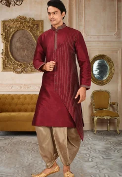 Embroidered Art Silk Dhoti Kurta in Maroon