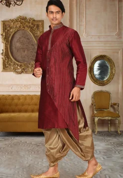 Embroidered Art Silk Dhoti Kurta in Maroon