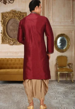 Embroidered Art Silk Dhoti Kurta in Maroon