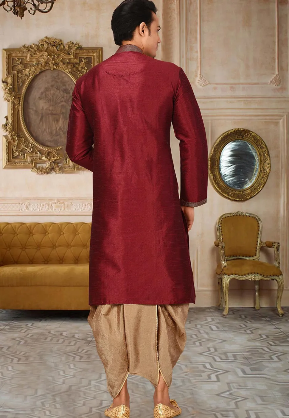 Embroidered Art Silk Dhoti Kurta in Maroon