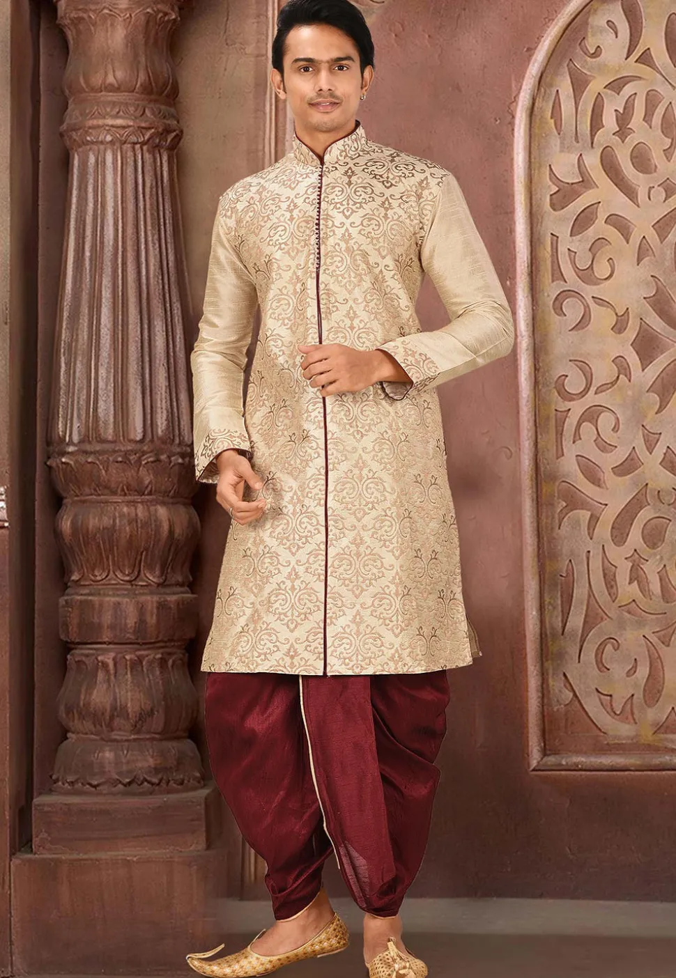 Embroidered Art Silk Dhoti Kurta in Beige